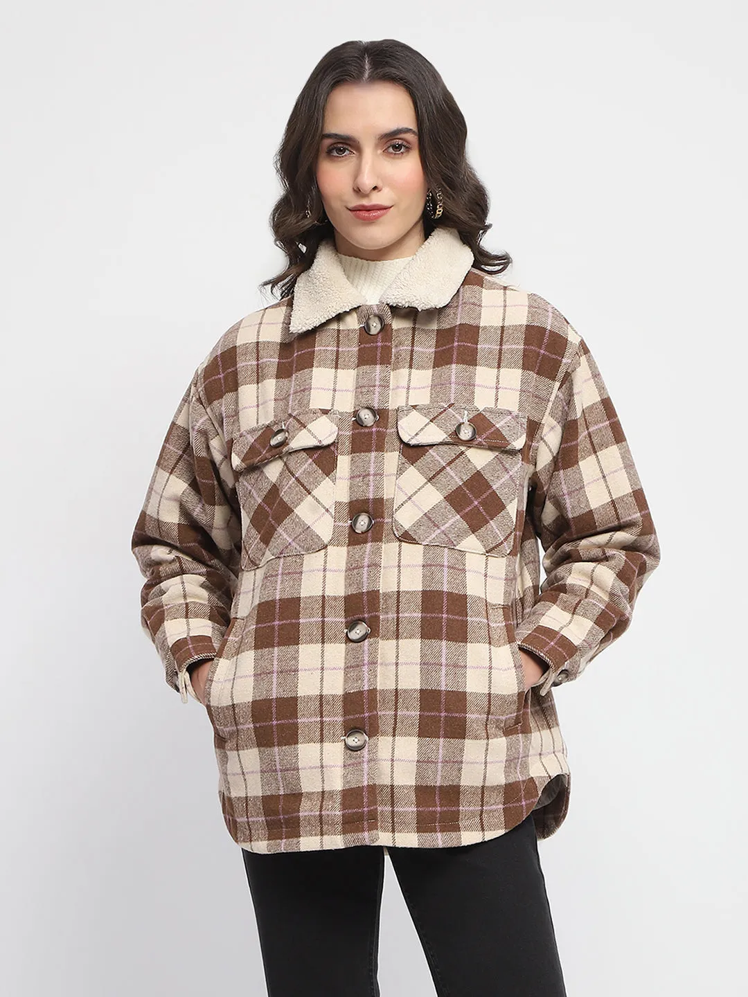 Madame Chequered Button Up Brown Shacket