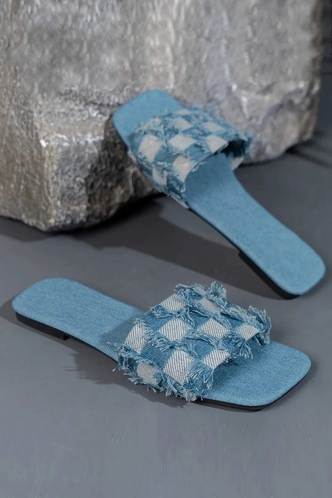 Madeline - Plaid Frayed Woman's Denim Slippers