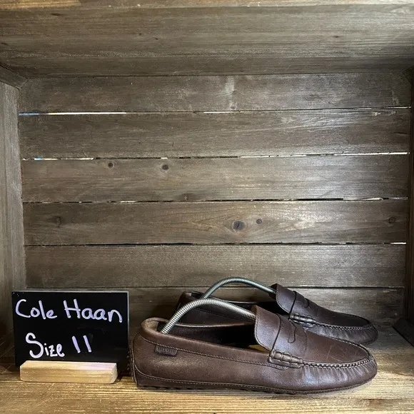 Mens Cole Haan Brown Leather Casual Comfort Driving Penny Loafers Shoes Size 11