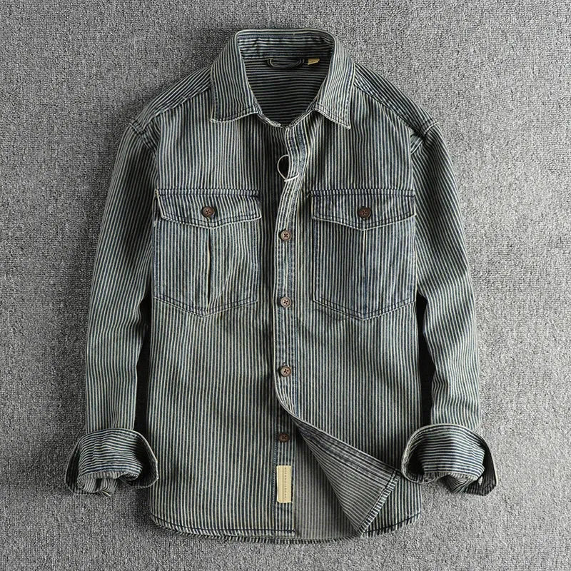 Men's denim shirt - vintage striped design for casual outings, durable fabric