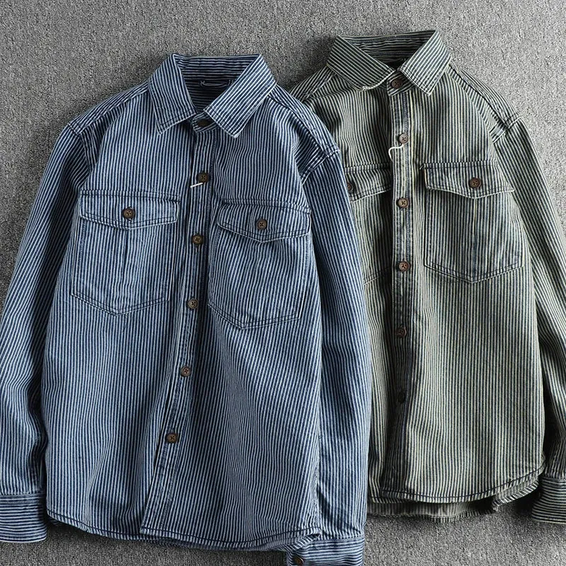 Men's denim shirt - vintage striped design for casual outings, durable fabric