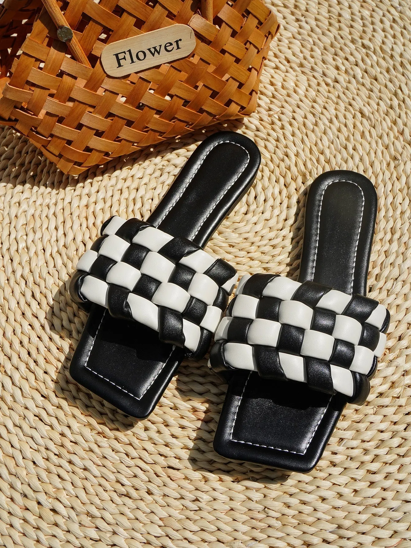 Nadina Black White Check Braided Slides Flat Sandals