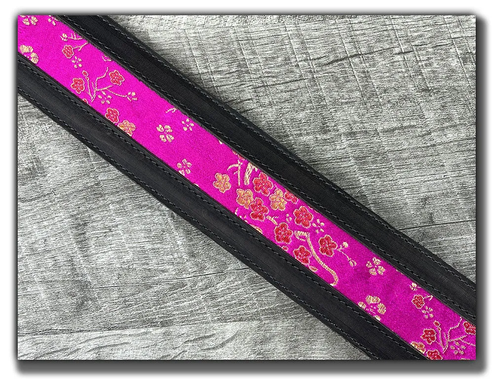 Naginata - Hot Pink Floral - Aged Steel Leather Guitar Strap