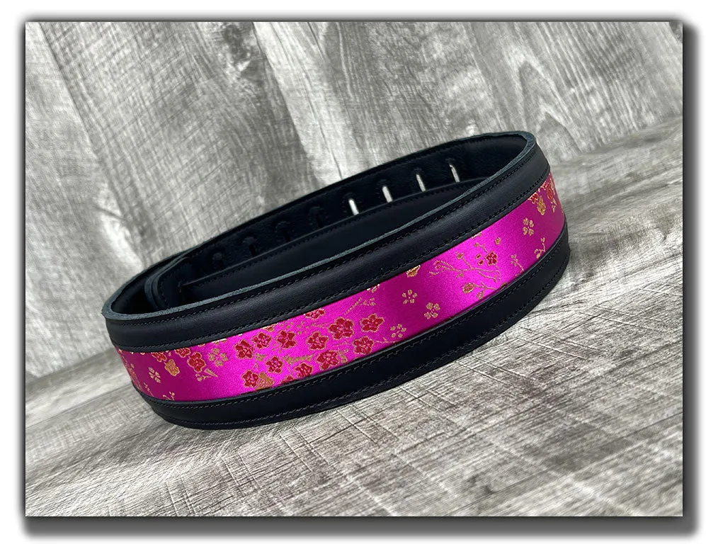 Naginata - Hot Pink Floral - Carbon Black Leather Guitar Strap