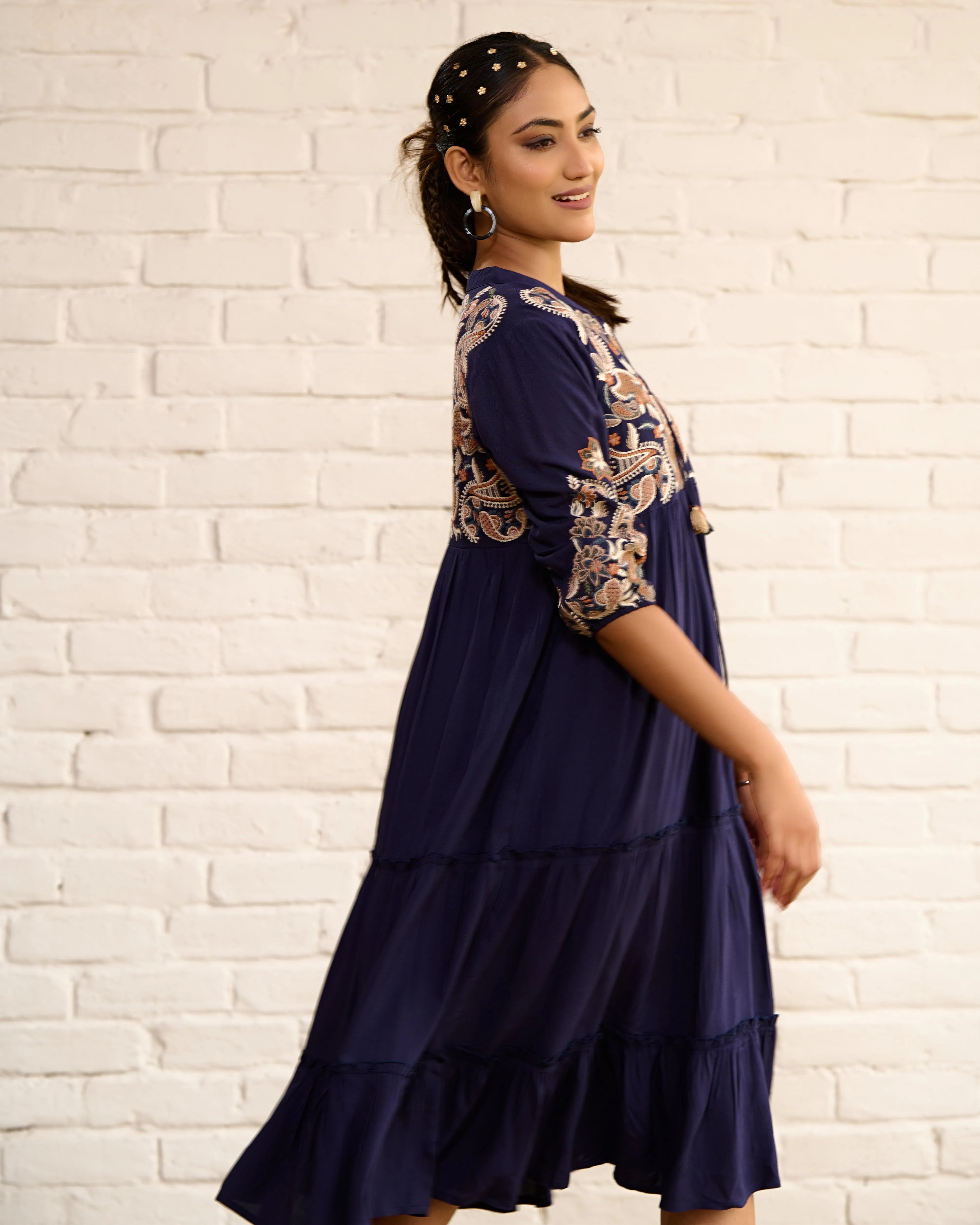 Navy Blue Cotton Midi Dress