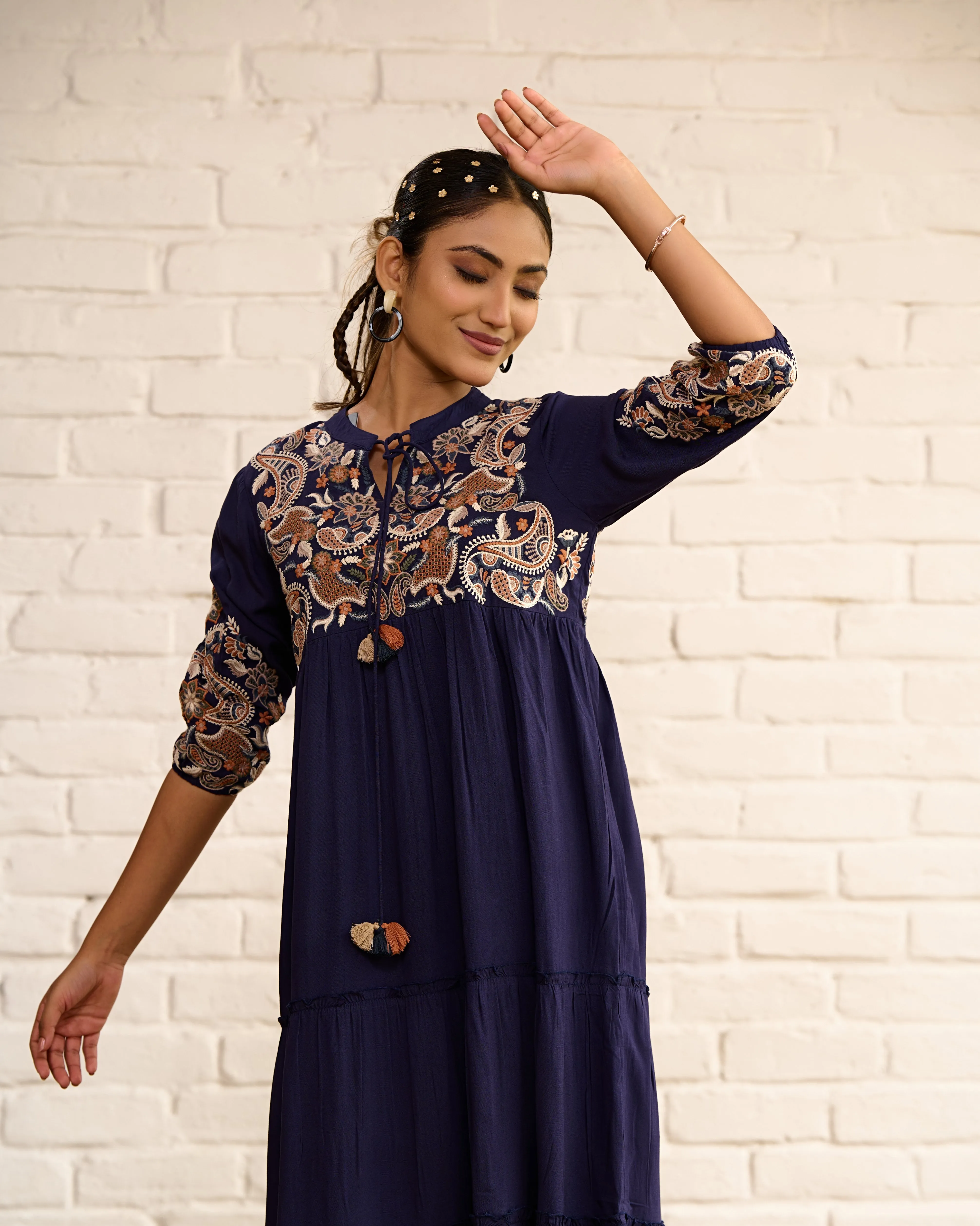 Navy Blue Cotton Midi Dress