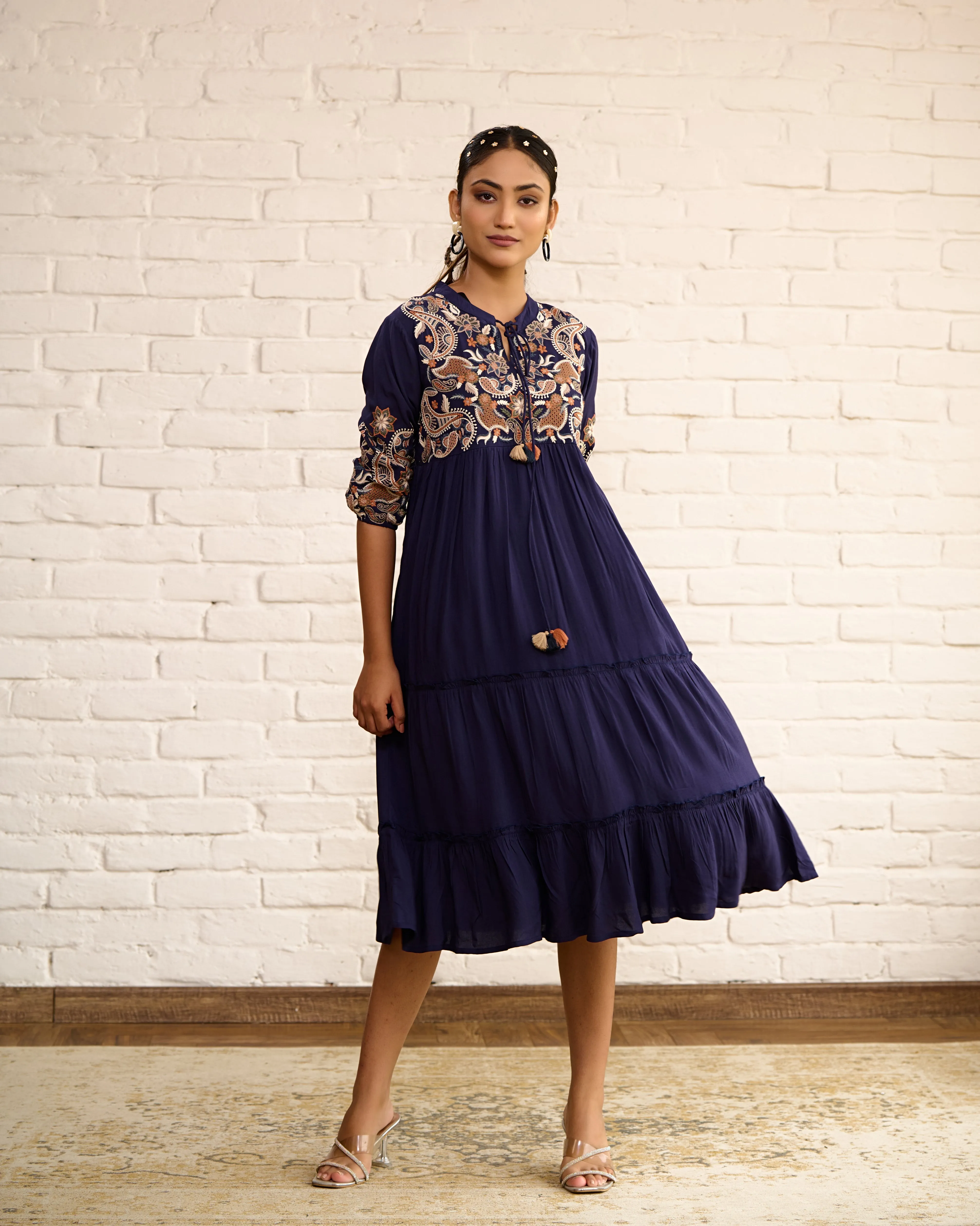 Navy Blue Cotton Midi Dress