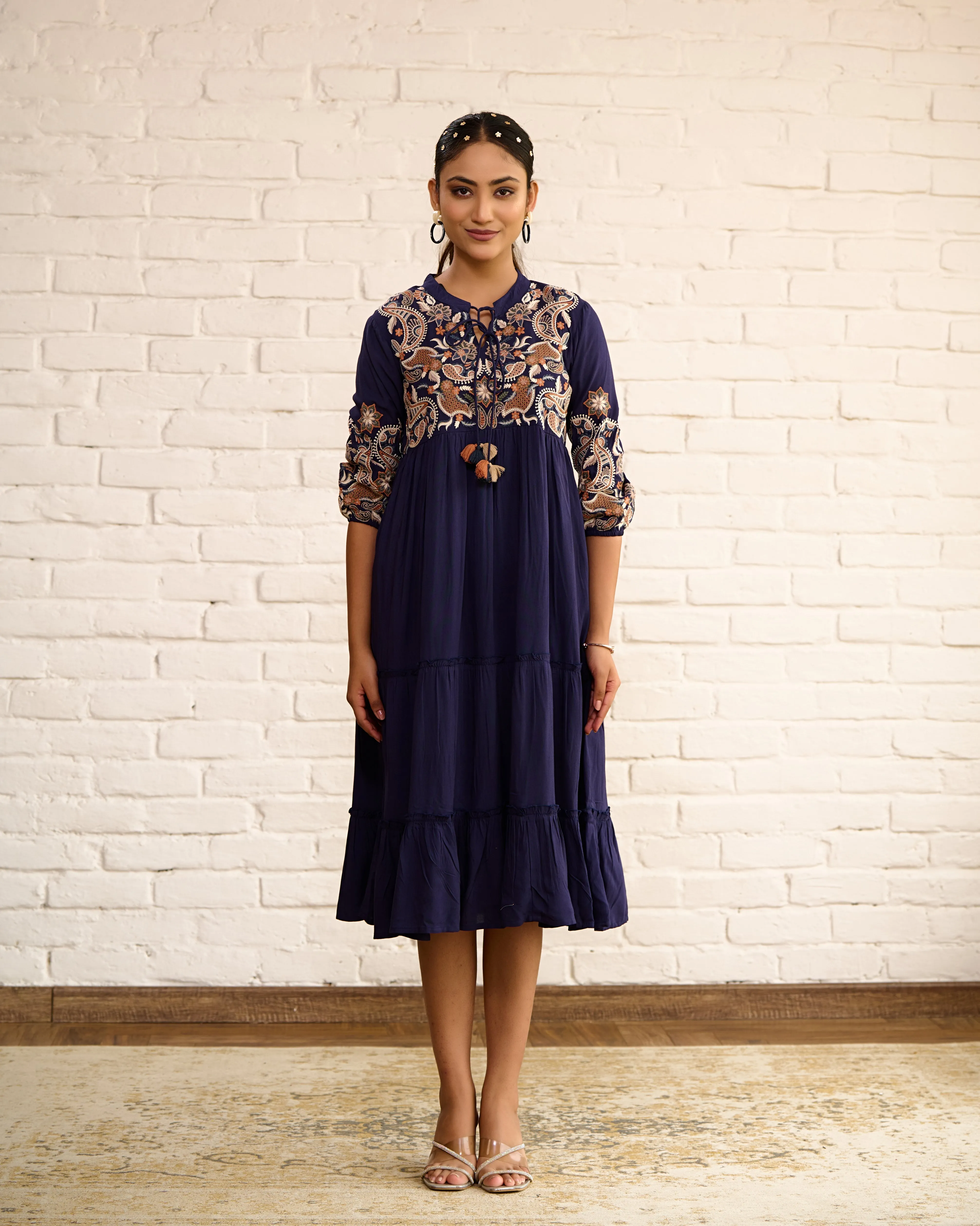Navy Blue Cotton Midi Dress