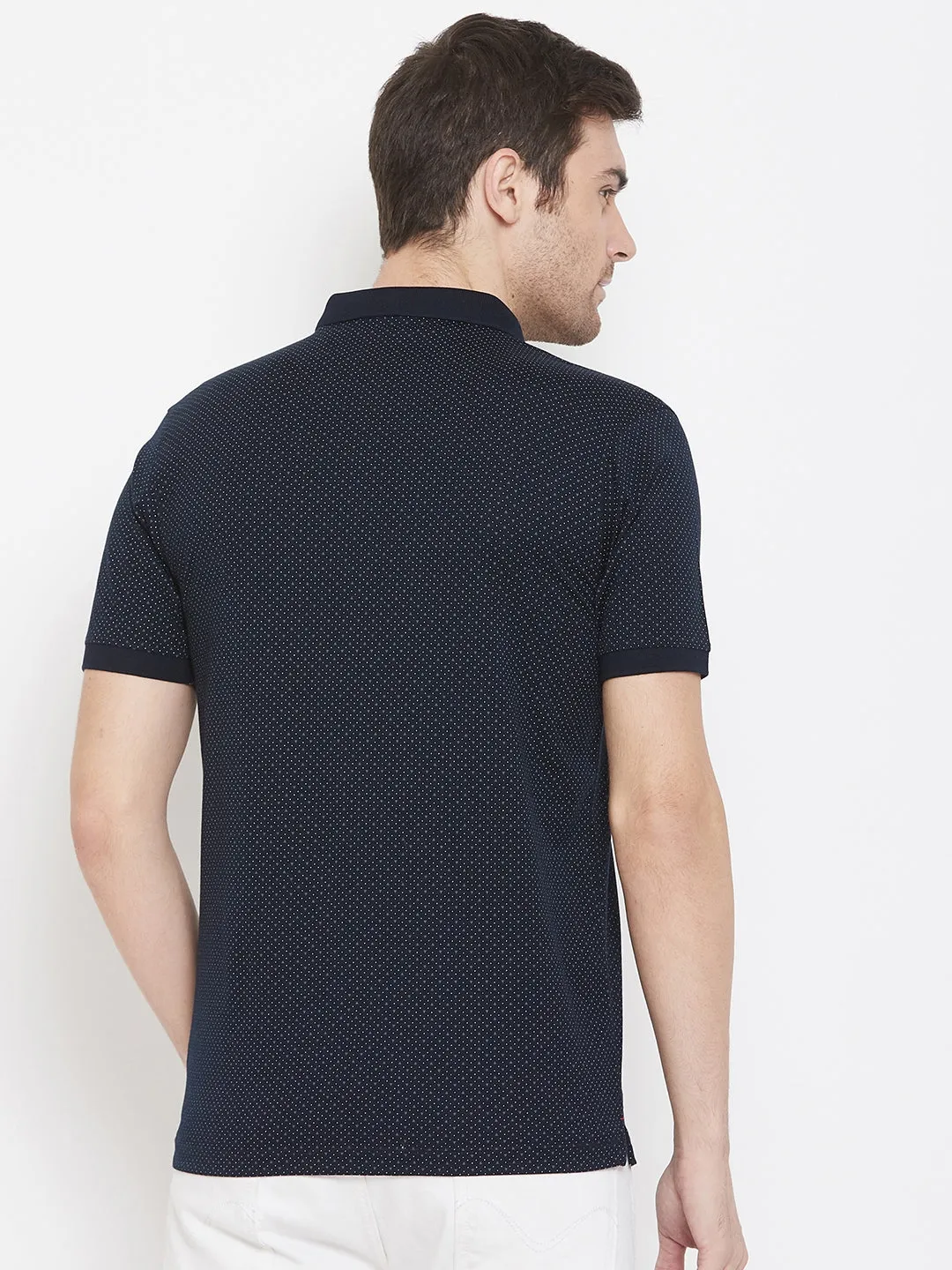 Navy Blue Printed Polo Neck T-Shirt
