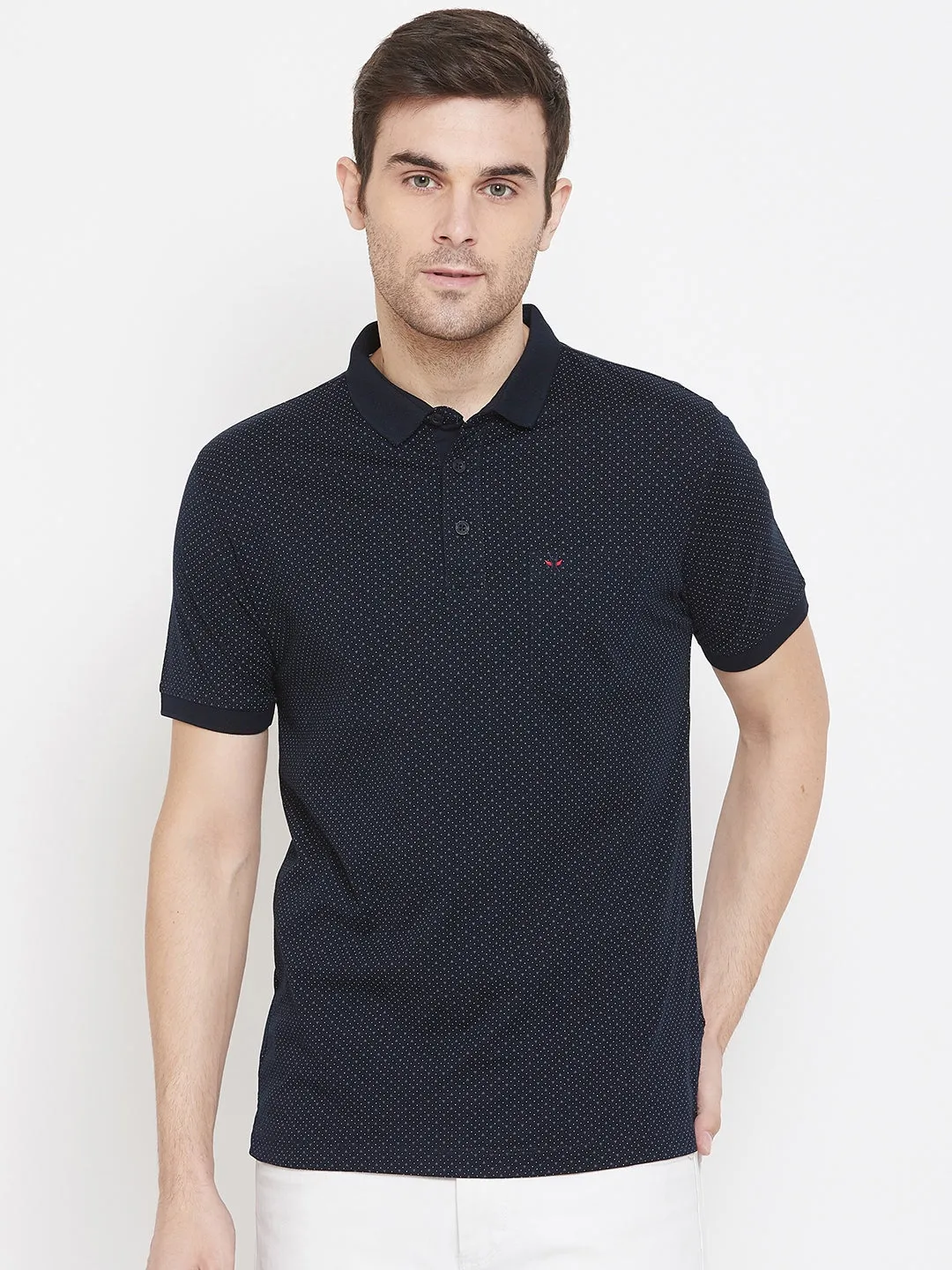 Navy Blue Printed Polo Neck T-Shirt