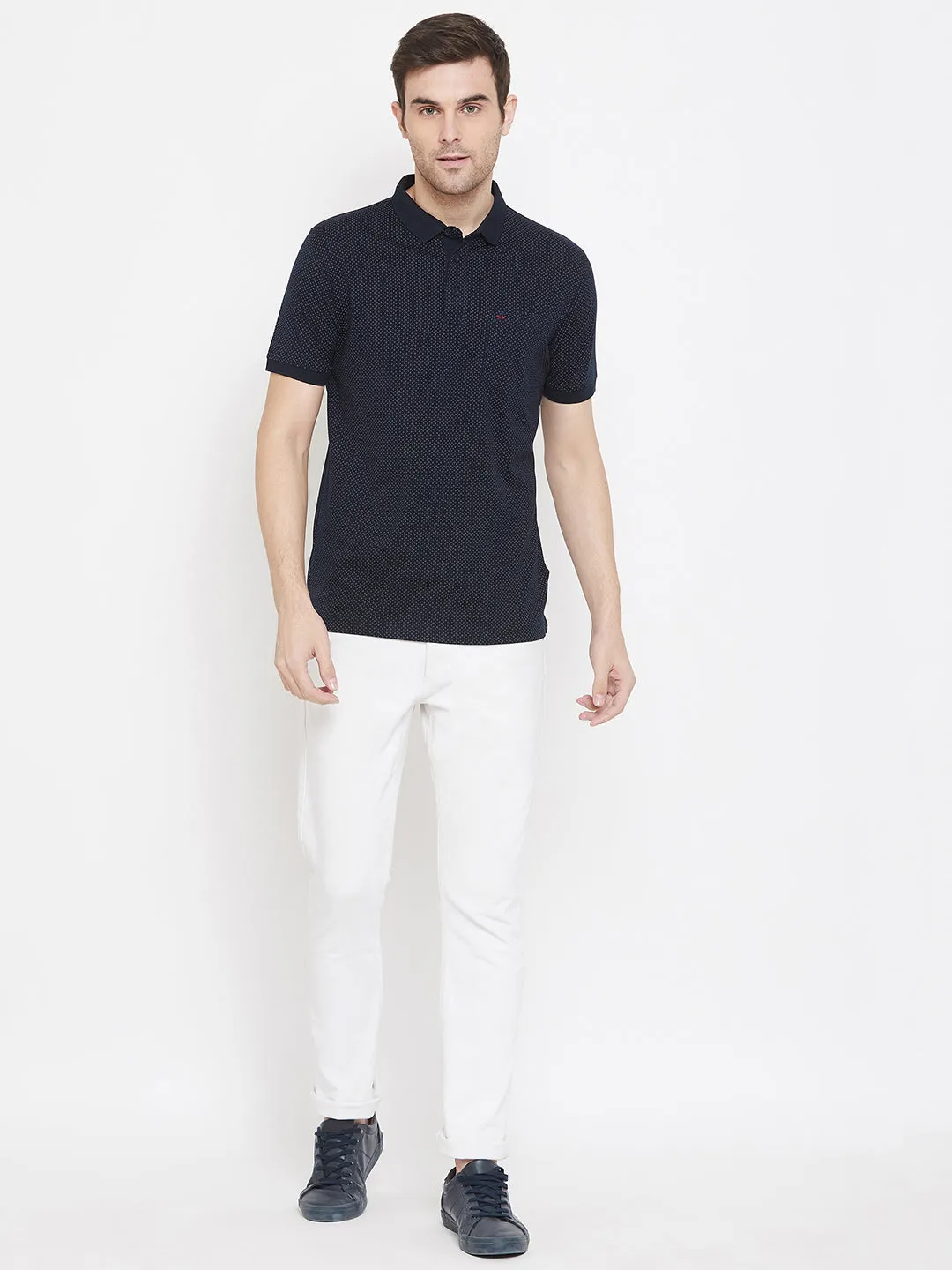 Navy Blue Printed Polo Neck T-Shirt