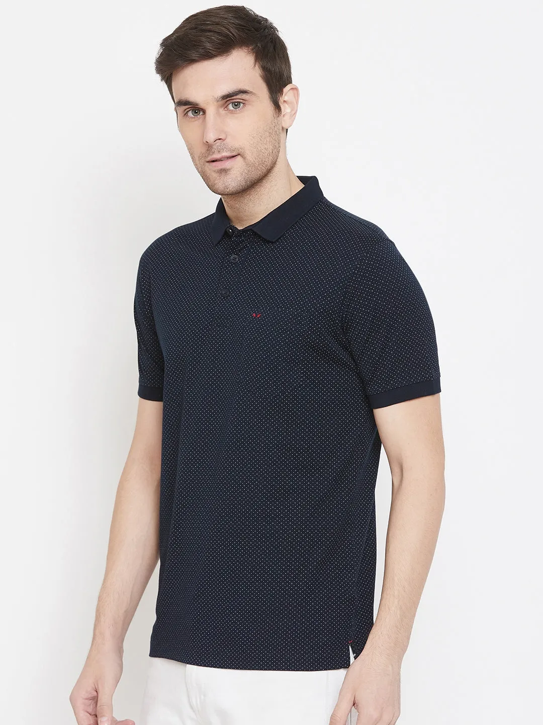 Navy Blue Printed Polo Neck T-Shirt