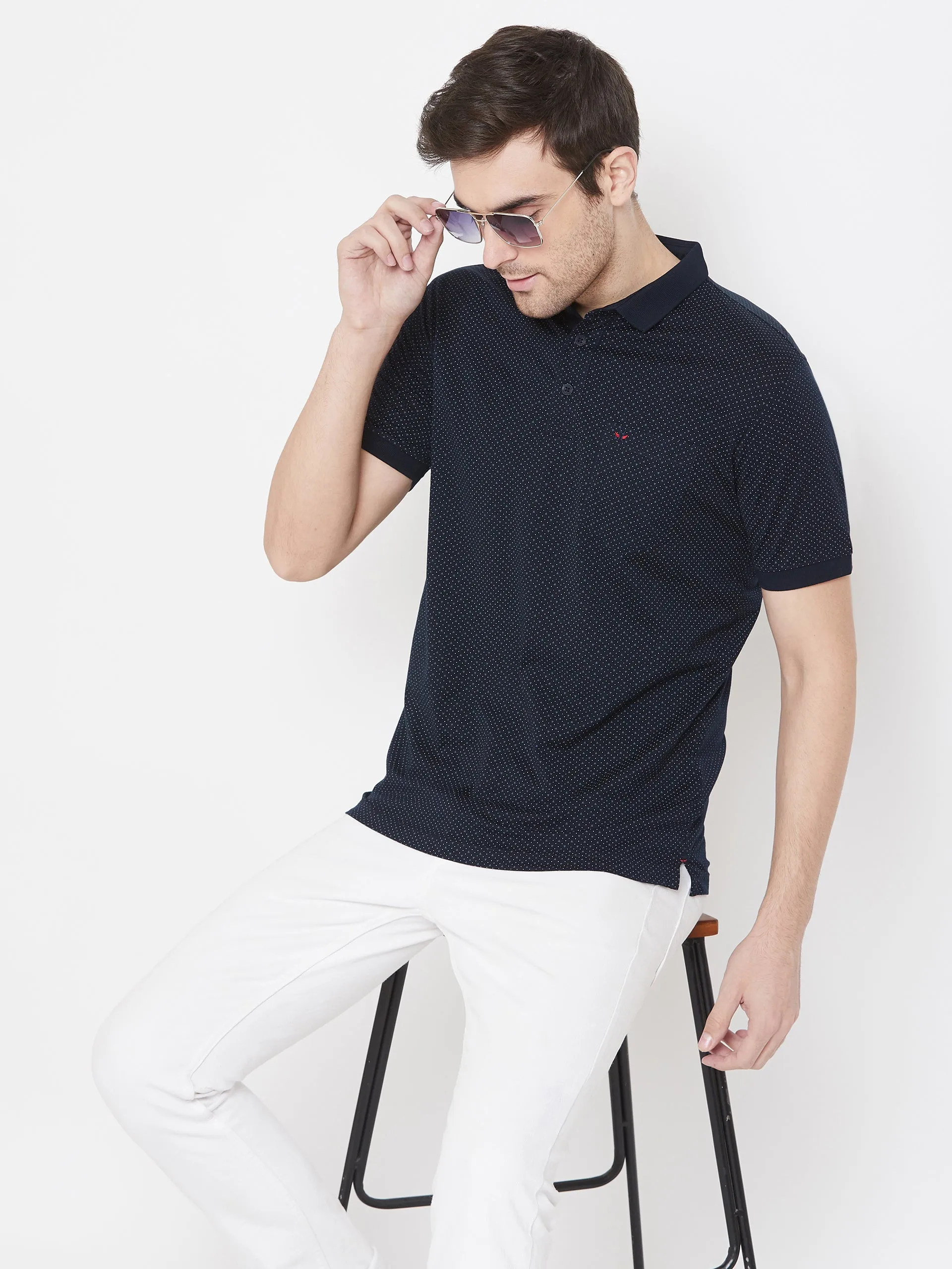 Navy Blue Printed Polo Neck T-Shirt
