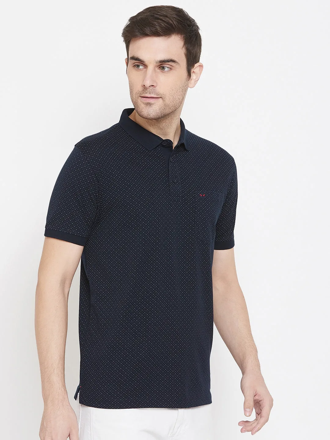 Navy Blue Printed Polo Neck T-Shirt