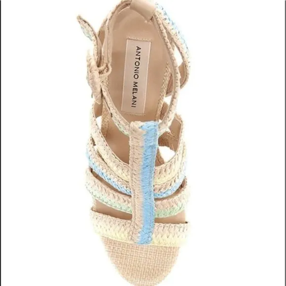 NEW Antonio Melani Gwindolin Raffia T-Strap Dress Block Heeled Sandals Sz. 7