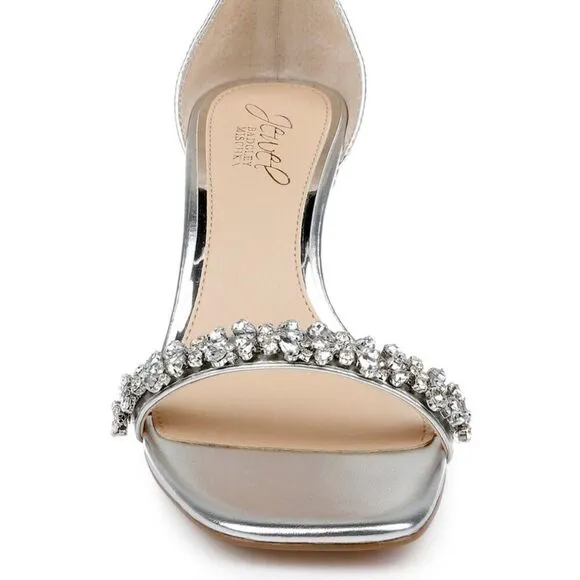 New Badgley Mischka Angel Silver Metallic Rhinestone Embellished Kitten Heels