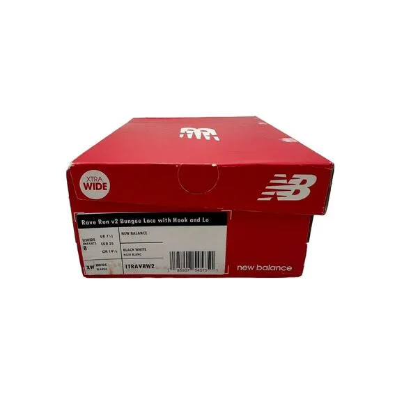 New Balance Kid's Rave Run V2 Bungee Lace Hook Loop Sneakers Sz 8 X-Wide Blk-Whi