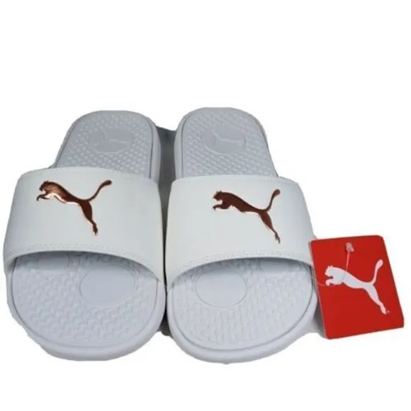 NWT PUMA AUTHENTIC COOL CAT SPORT WOMEN'S WHITE GOLDEN SLIP ON SLIDES SANDALS