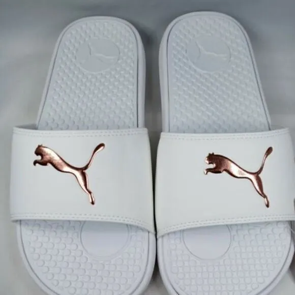 NWT PUMA AUTHENTIC COOL CAT SPORT WOMEN'S WHITE GOLDEN SLIP ON SLIDES SANDALS