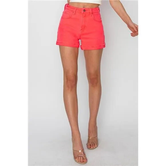 NWT RISEN High Rise Cuffed Denim Shorts in Coral