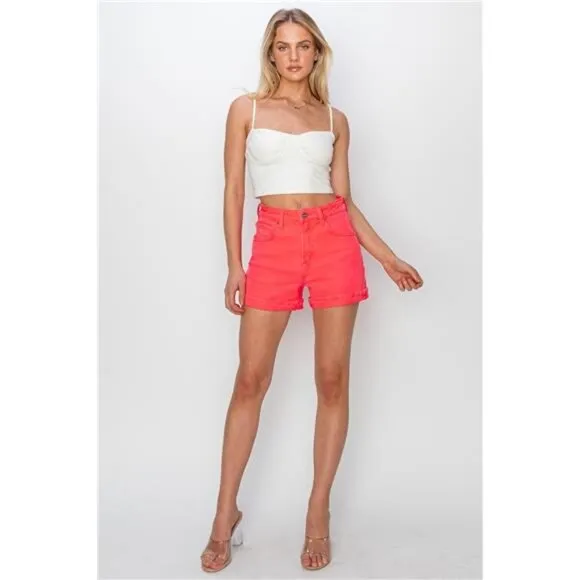 NWT RISEN High Rise Cuffed Denim Shorts in Coral