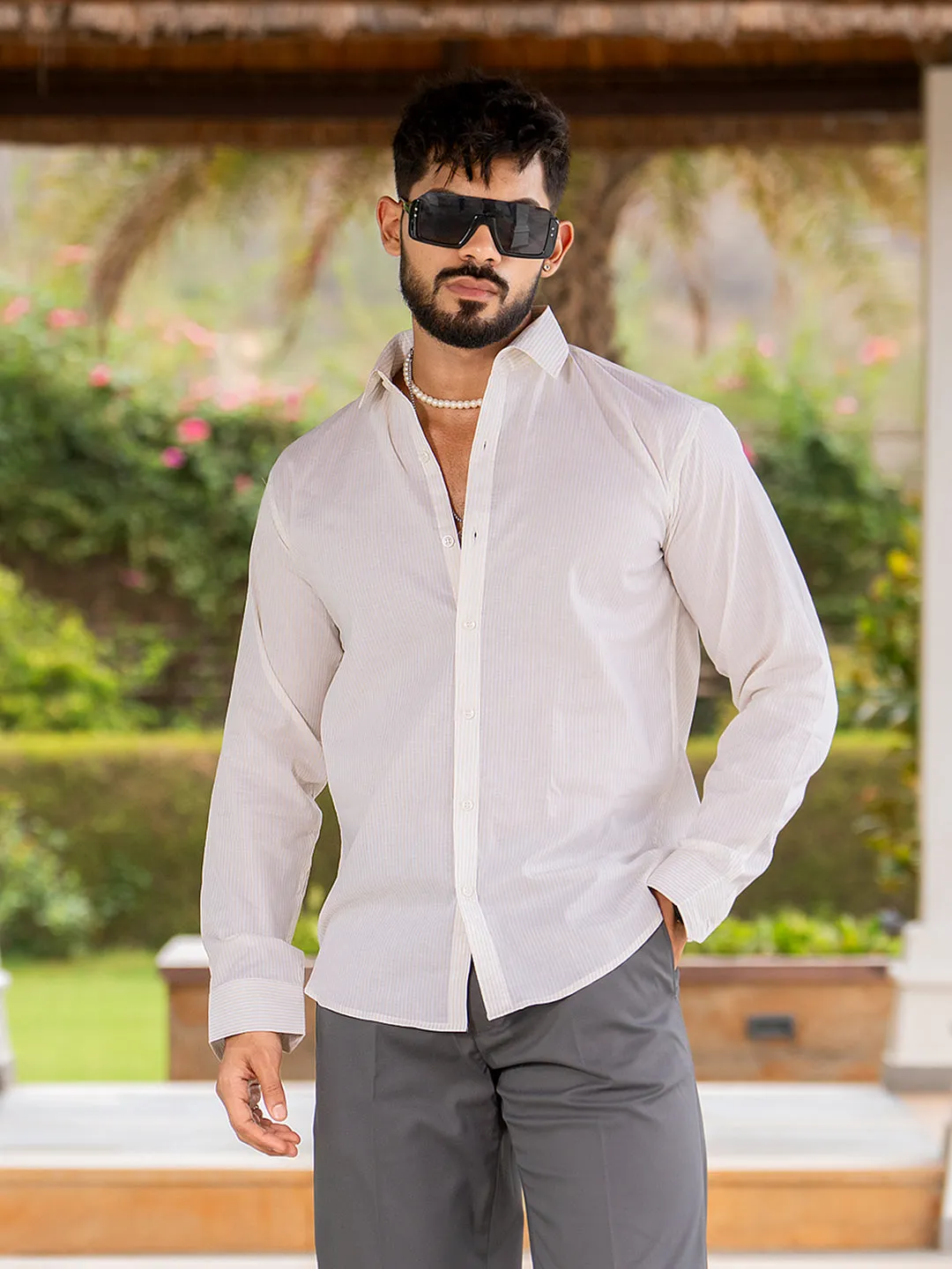 Off White Full Sleeve Striped  Shirt