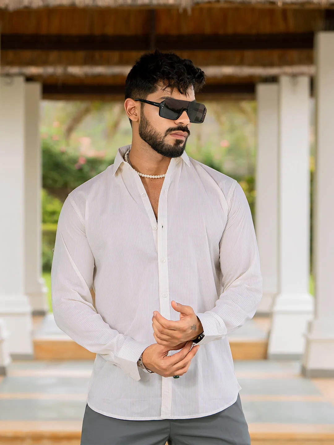 Off White Full Sleeve Striped  Shirt