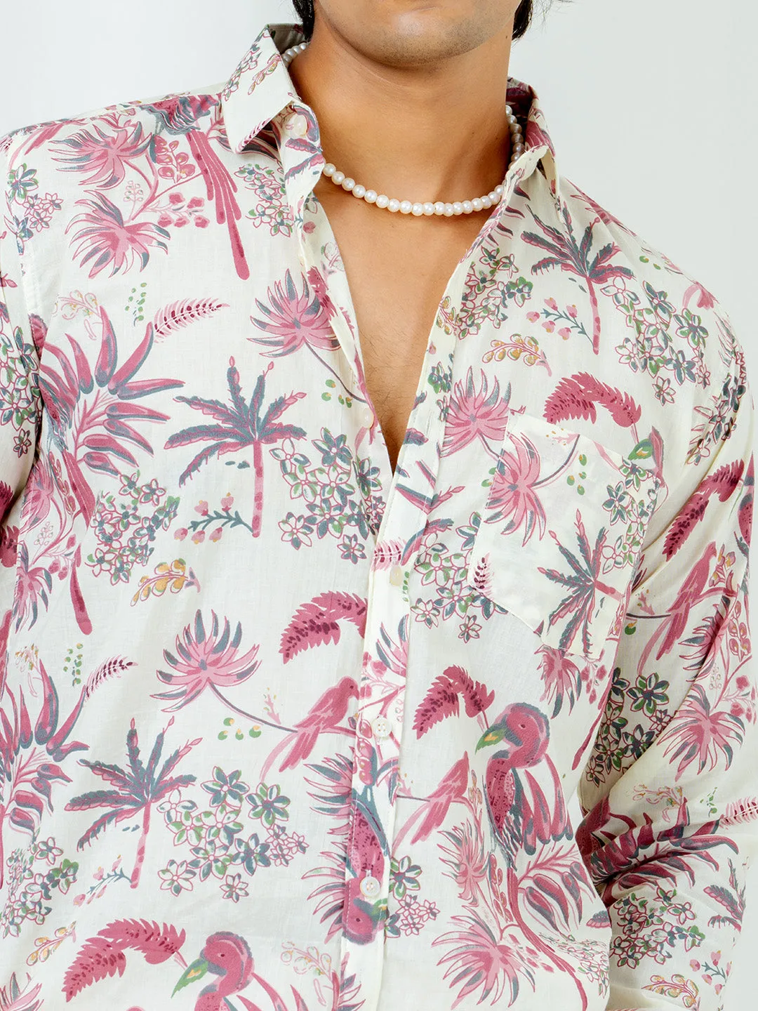 Off White Full Sleeve Tree with leaf Sanganeri Printed Shirt