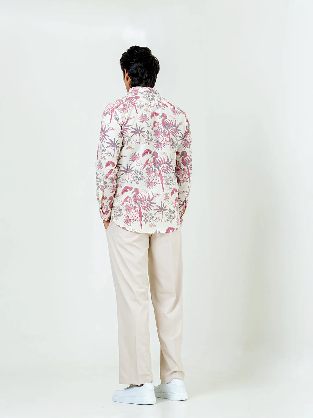 Off White Full Sleeve Tree with leaf Sanganeri Printed Shirt