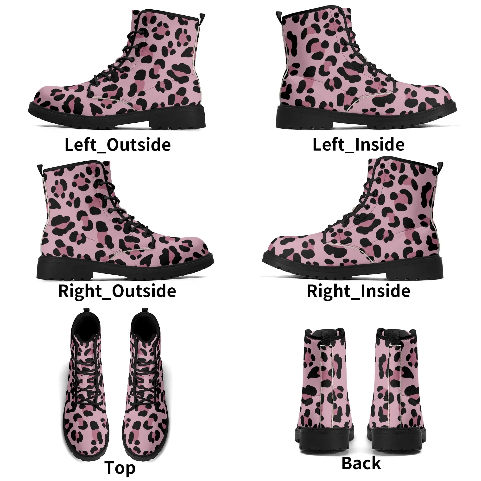 Pale Pink Leopard Print Womens Vegan Combat Boots
