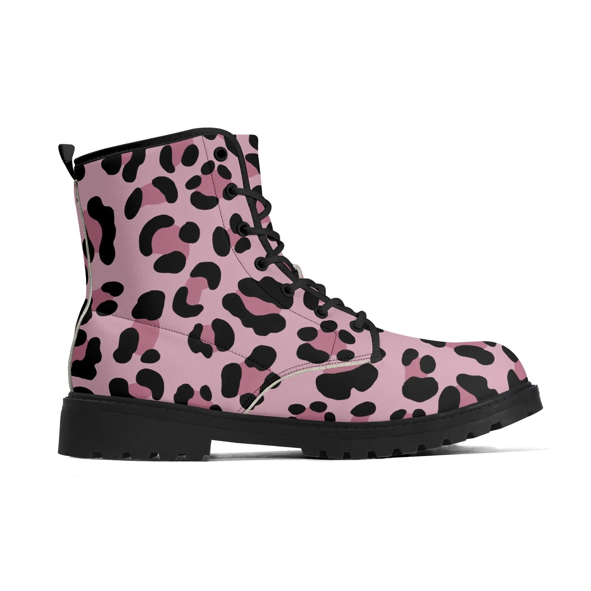 Pale Pink Leopard Print Womens Vegan Combat Boots