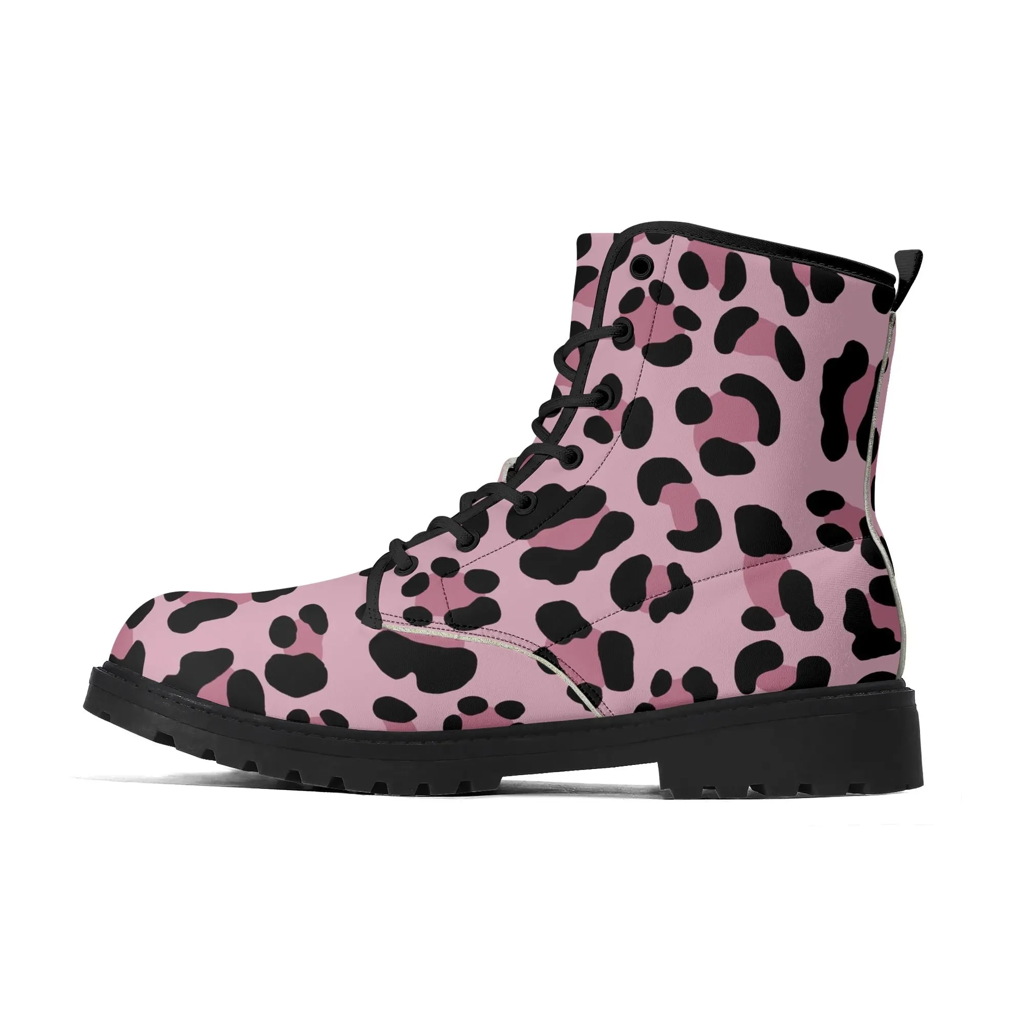 Pale Pink Leopard Print Womens Vegan Combat Boots