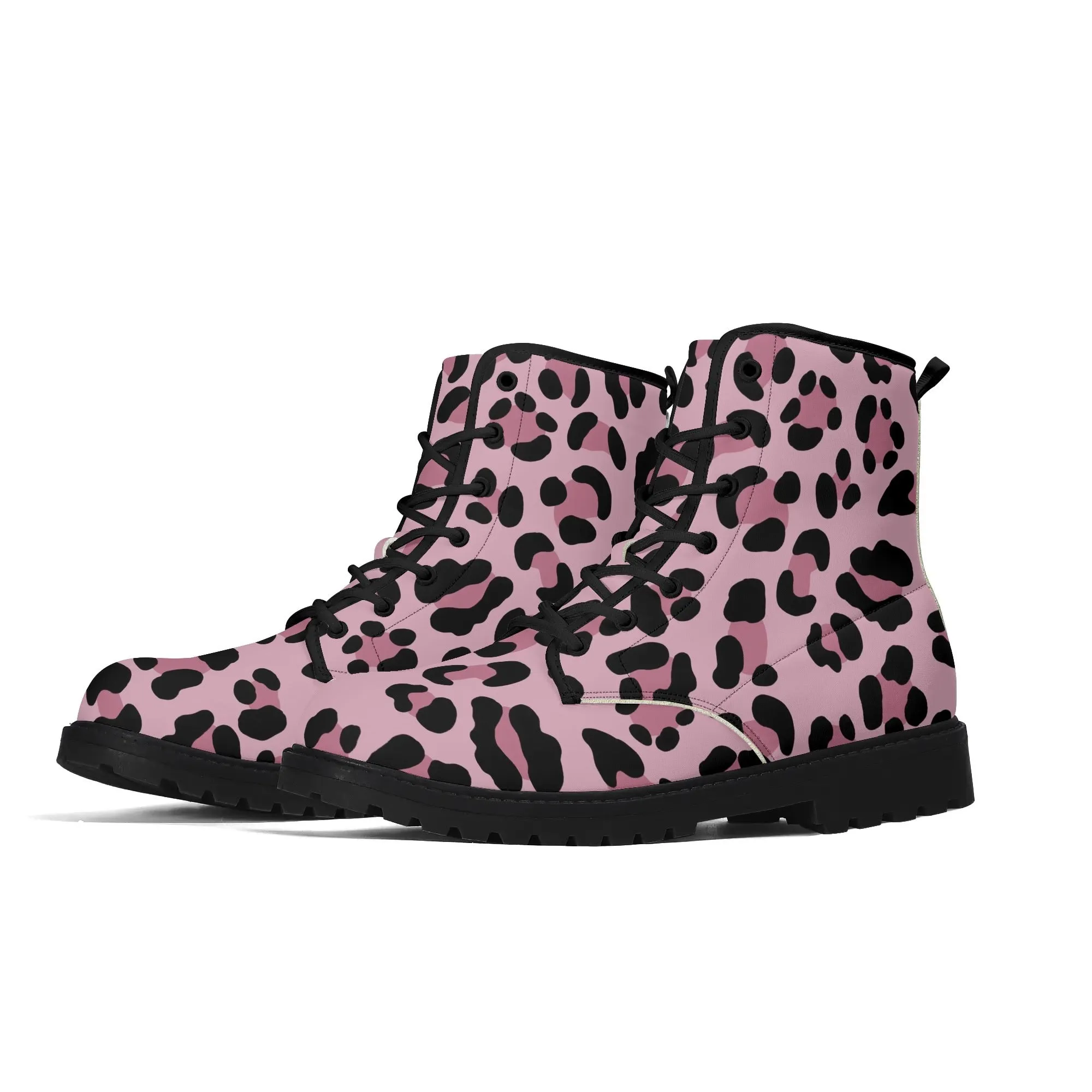 Pale Pink Leopard Print Womens Vegan Combat Boots