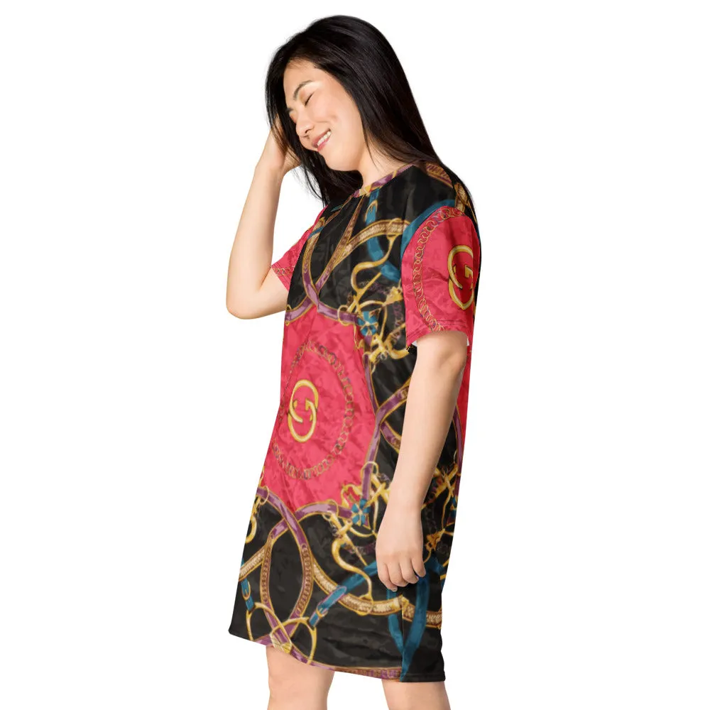 Pink Equestrian Scarf Print T-Shirt Dress