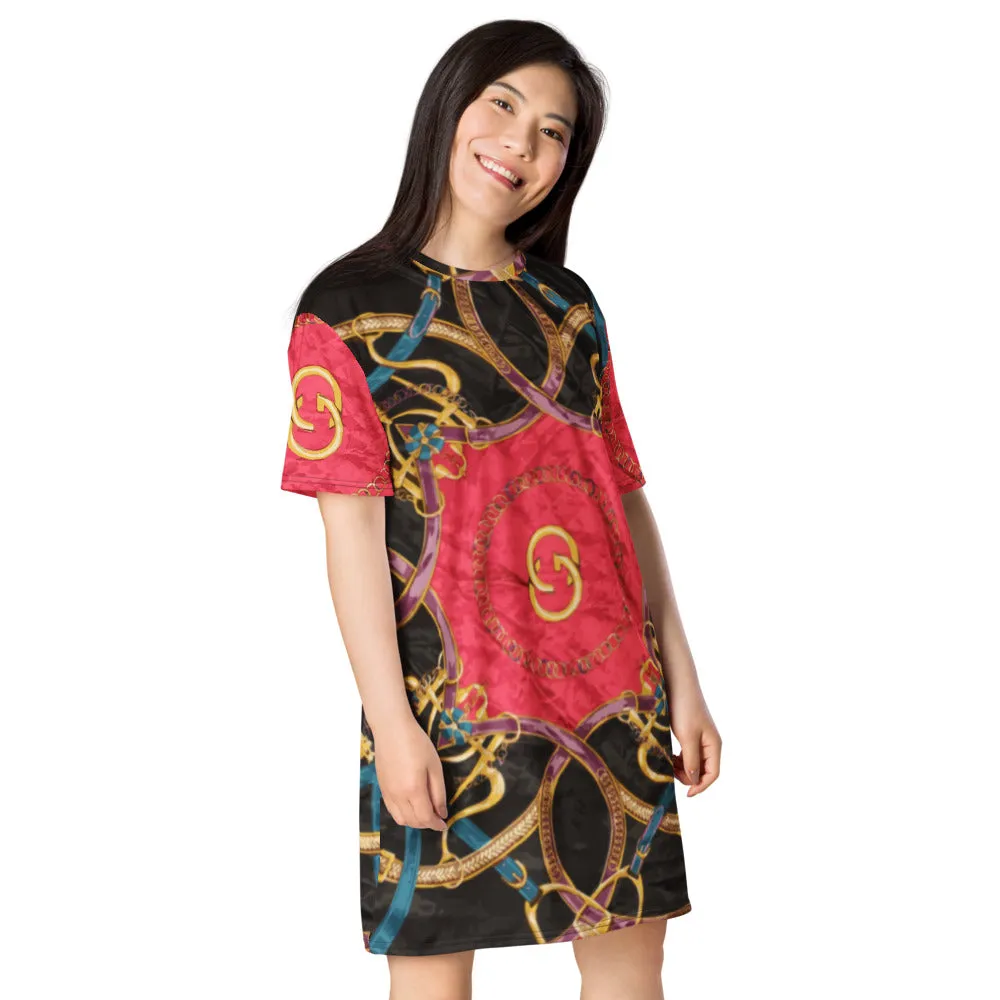 Pink Equestrian Scarf Print T-Shirt Dress
