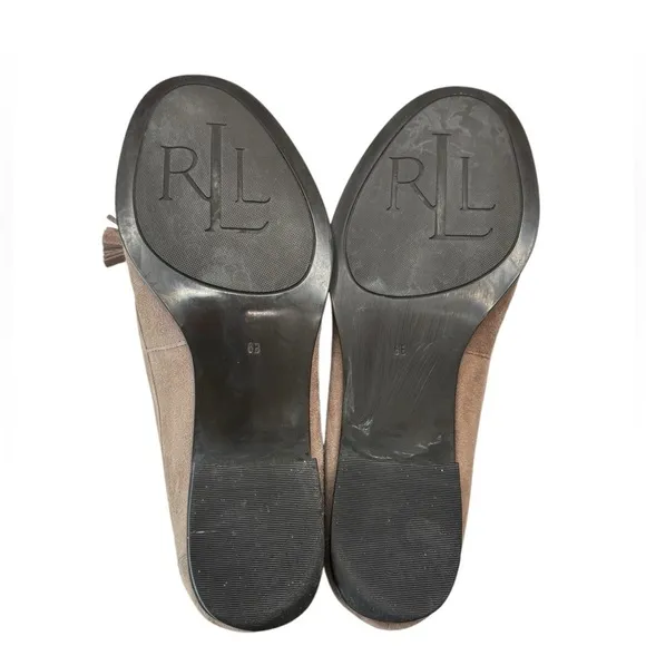 Ralph Lauren Block Heel Tassel Loafers Suede Leather Womens Sz 6 B Brown Taupe