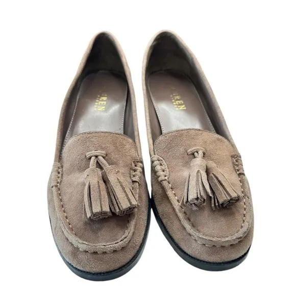 Ralph Lauren Block Heel Tassel Loafers Suede Leather Womens Sz 6 B Brown Taupe
