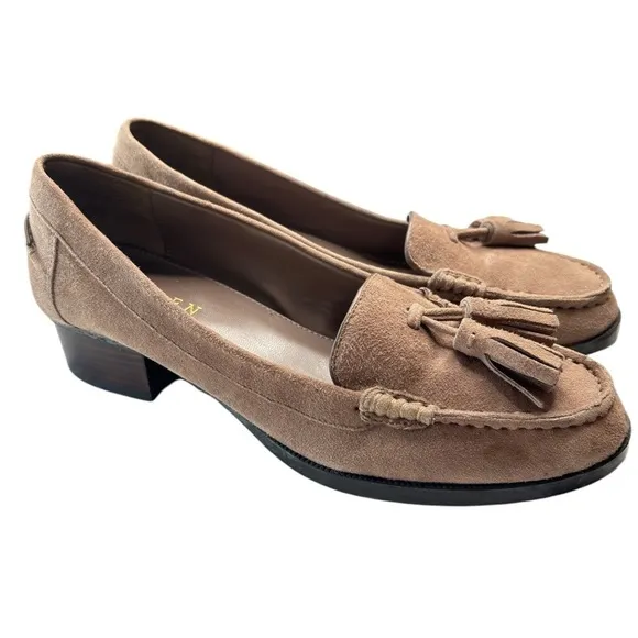 Ralph Lauren Block Heel Tassel Loafers Suede Leather Womens Sz 6 B Brown Taupe