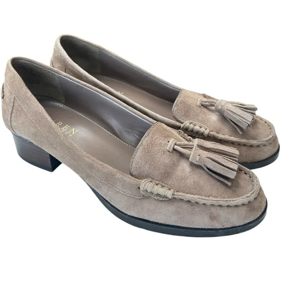 Ralph Lauren Block Heel Tassel Loafers Suede Leather Womens Sz 6 B Brown Taupe