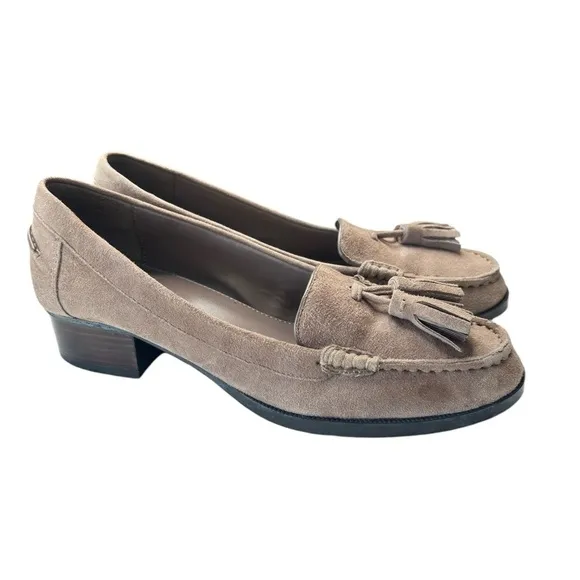 Ralph Lauren Block Heel Tassel Loafers Suede Leather Womens Sz 6 B Brown Taupe
