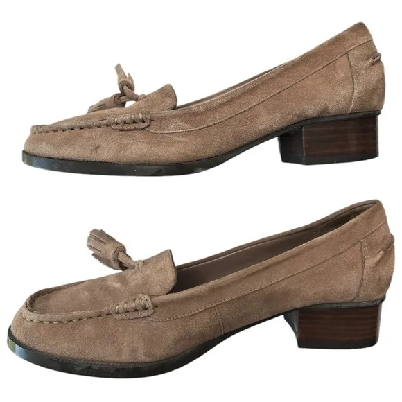 Ralph Lauren Block Heel Tassel Loafers Suede Leather Womens Sz 6 B Brown Taupe