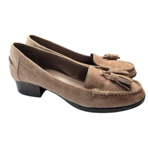 Ralph Lauren Block Heel Tassel Loafers Suede Leather Womens Sz 6 B Brown Taupe