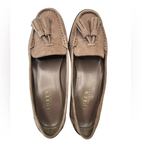 Ralph Lauren Block Heel Tassel Loafers Suede Leather Womens Sz 6 B Brown Taupe