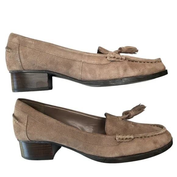 Ralph Lauren Block Heel Tassel Loafers Suede Leather Womens Sz 6 B Brown Taupe