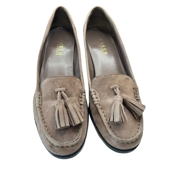 Ralph Lauren Block Heel Tassel Loafers Suede Leather Womens Sz 6 B Brown Taupe