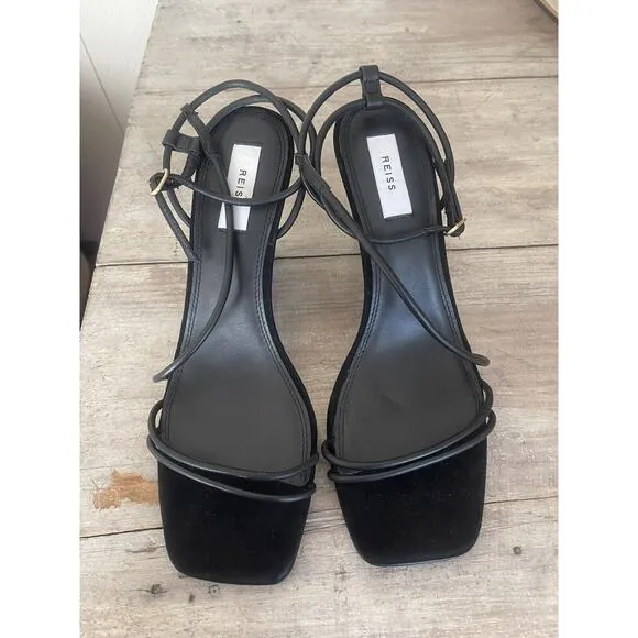 Reiss Sandals Kali Strappy Wedge Heels Black Suede Ankle Fastening Sandals 10