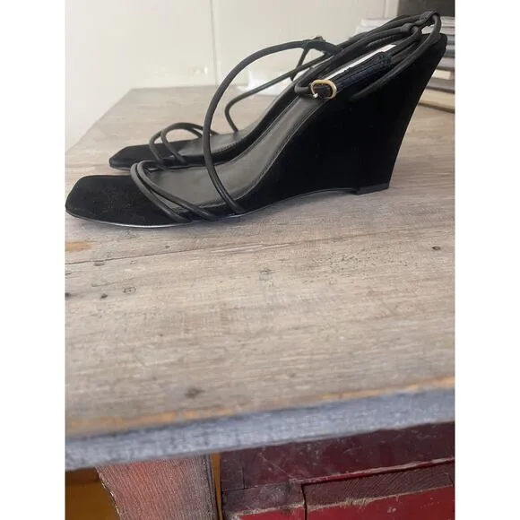 Reiss Sandals Kali Strappy Wedge Heels Black Suede Ankle Fastening Sandals 10