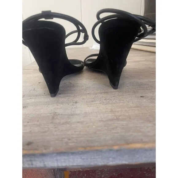 Reiss Sandals Kali Strappy Wedge Heels Black Suede Ankle Fastening Sandals 10