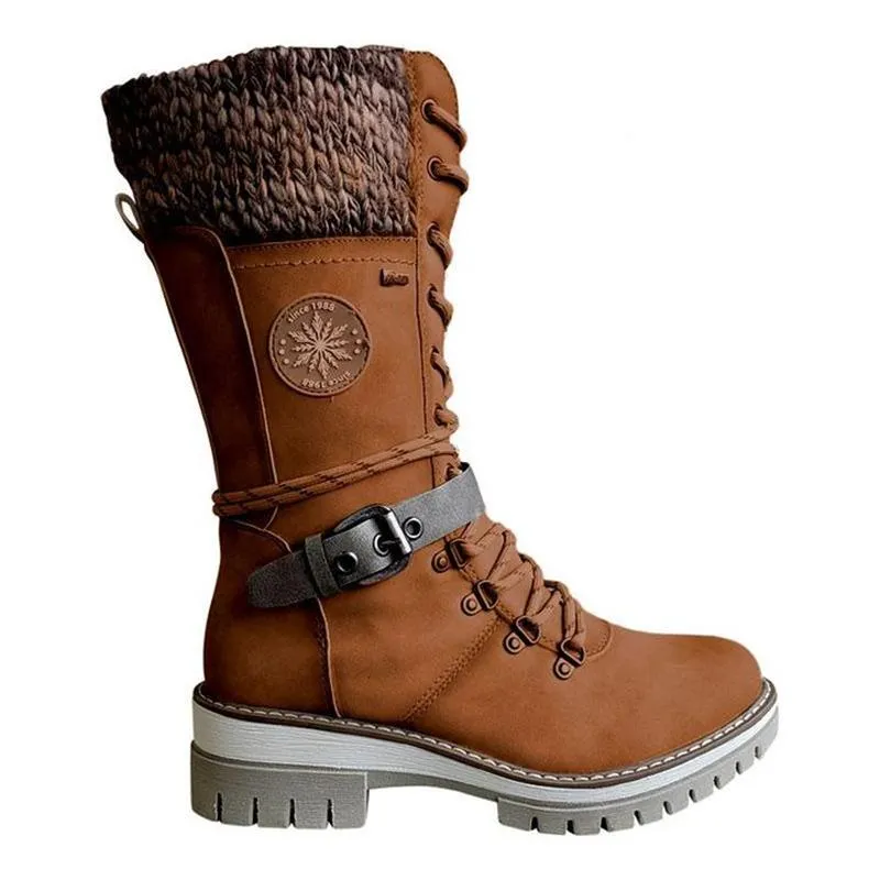 Retro Style Chunky Low Heel Lace Up Knitted Mid-Calf Boots