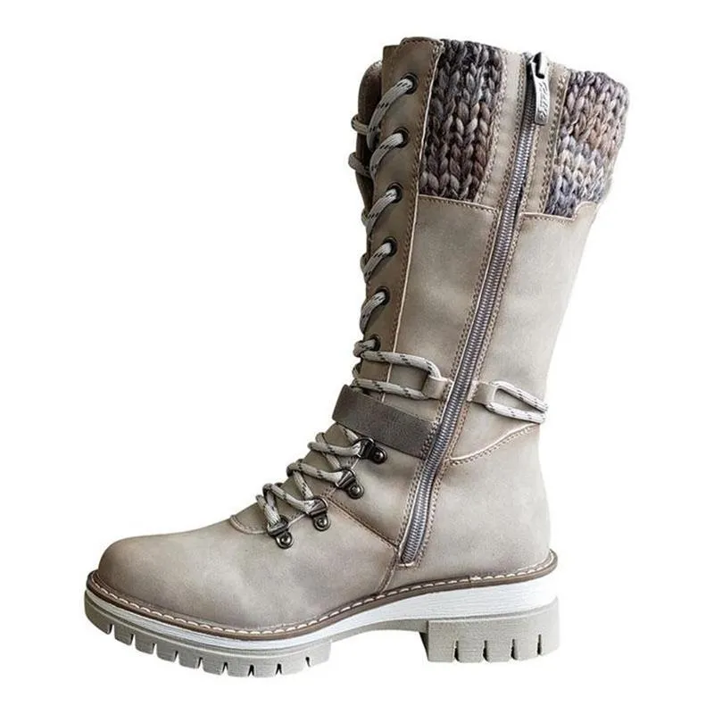 Retro Style Chunky Low Heel Lace Up Knitted Mid-Calf Boots